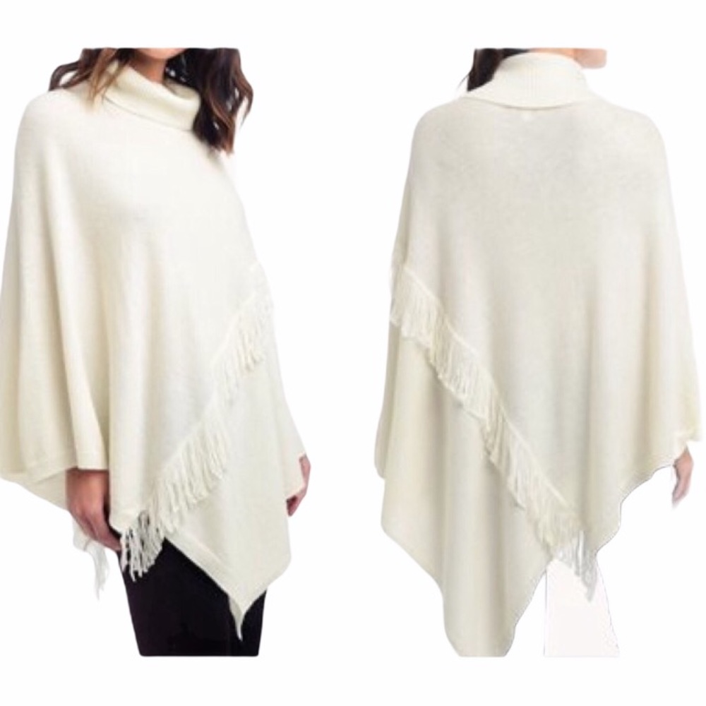 Ella Moss Fringed Poncho cowl neckline Ivory